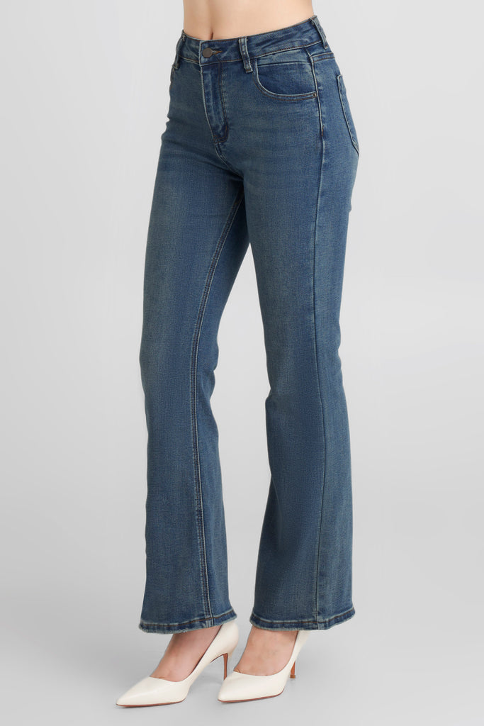 celana jeans wanita, celana jeans wanita medium blue, flared jeans