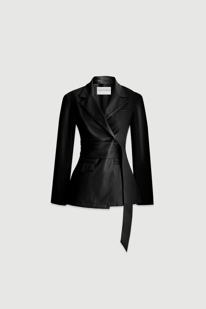 Leather blazer, blazer, blazer tangan panjang, blazer kulit, luaran kulit, jaket kulit, leather jacket, atasan bahan kulit, blazer faux leather