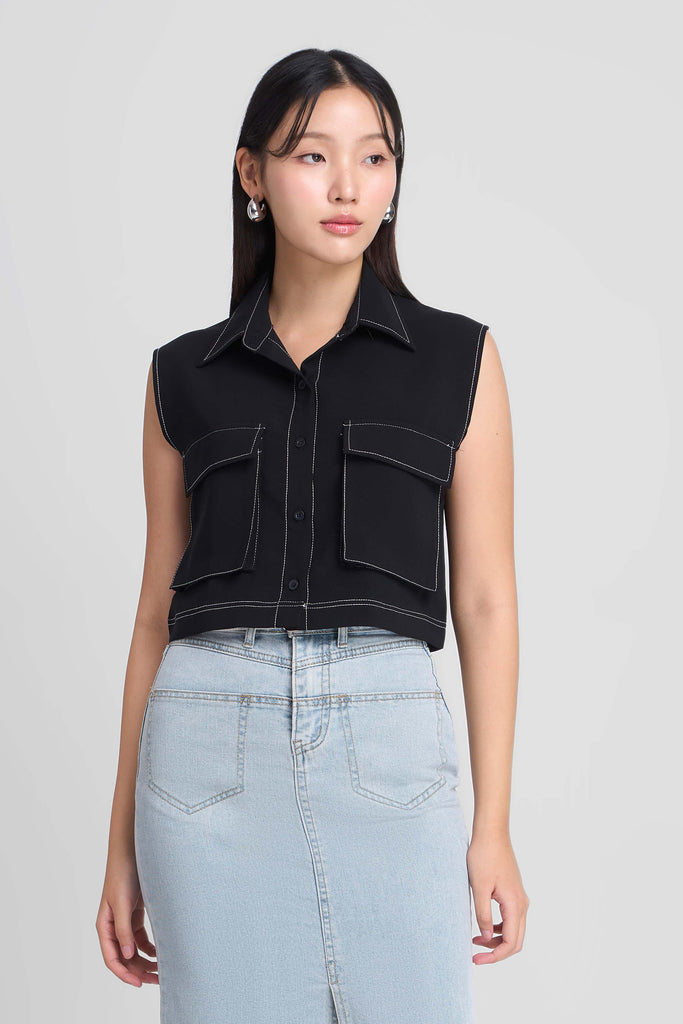 Atasan tanpa lengan, top, atasan wanita, top saku depan, atasan kutung, atasan model, sleeveless top