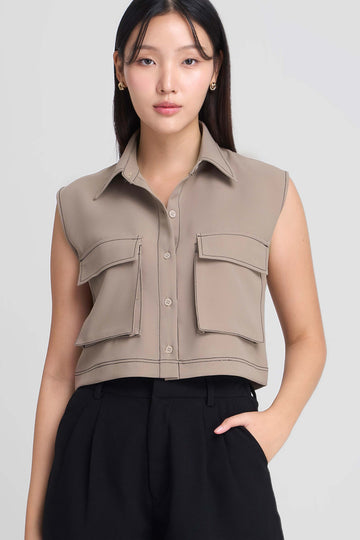 Atasan tanpa lengan, top, atasan wanita, top saku depan, atasan kutung, atasan model, sleeveless top