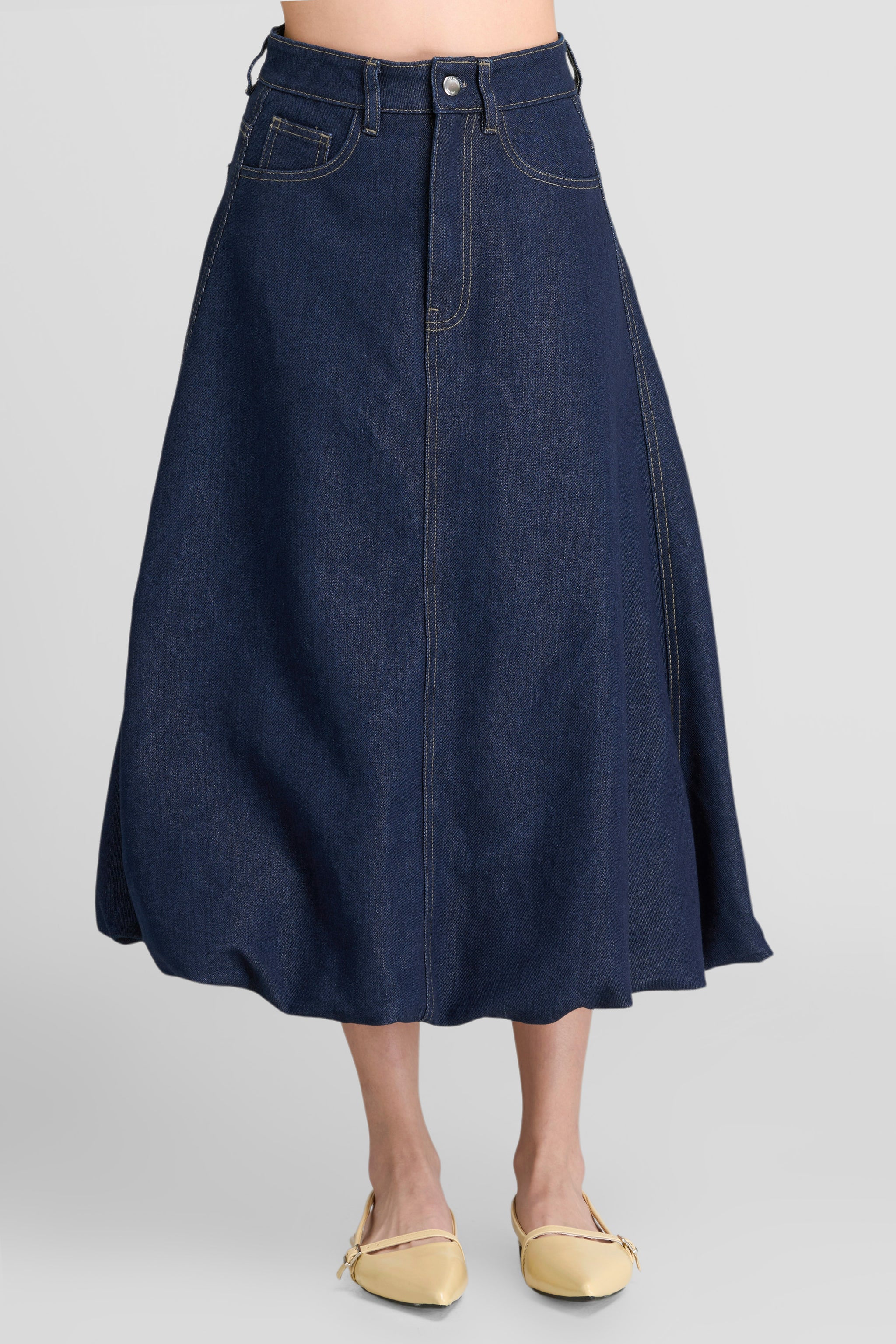 CREST DENIM BALLOON MIDI SKIRT DARK BLUE