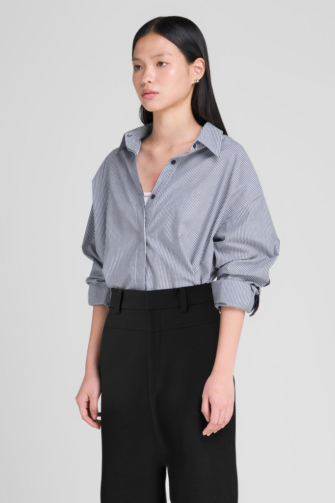 Shirt, striped shirt, kemaja, kemaja wanita, kemaja lengan panjang, kemaja loose,  shirt Rubber stripe accent on body, kemja katun, striped shirt  LOOKBOUTIQUESTORE