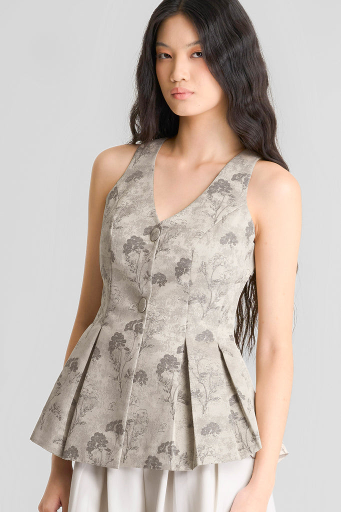 Top, atasan wanita, floral patern top, atasan lengan pendek, peplum top, top pesta, top jacquard, top elegant, atasan wanita simple, top v neck, top LOOKBOUTIQUESTORE