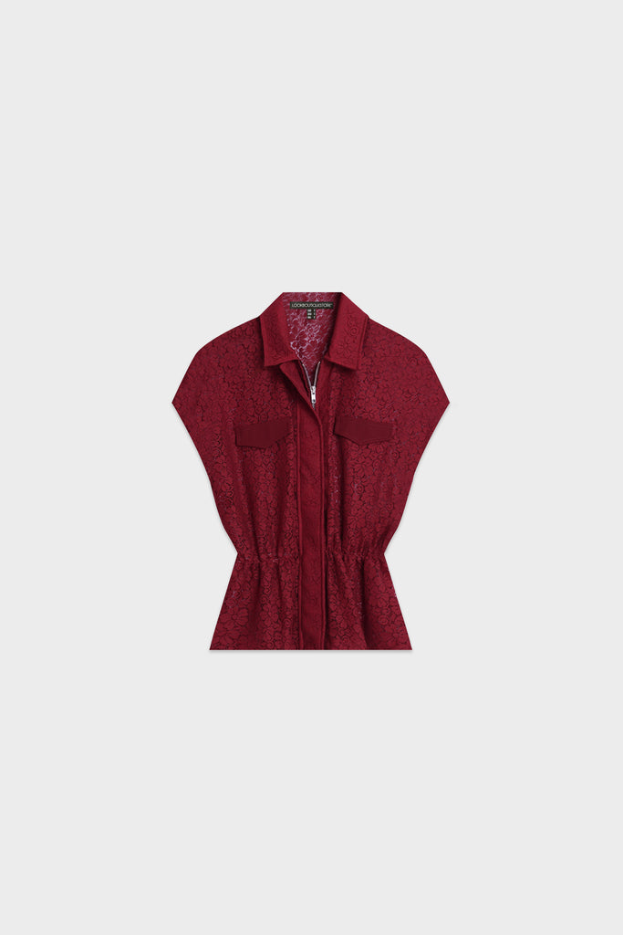 Atasan lace lengan pendek dengan kerut pinggang, lace top lengan pendek , atasan berkerah, top, atasan wanita, blouse wanita, lace top, atasan serut pinggang.