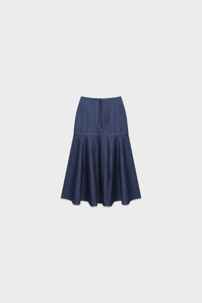 Skirt, rok, rok wanita, midi skirt, denim midi skirt, flared skirt, denim flared midi skirt, rok denim wanita casual, denim flared midi skirt LOOKBOUTIQUESTORE